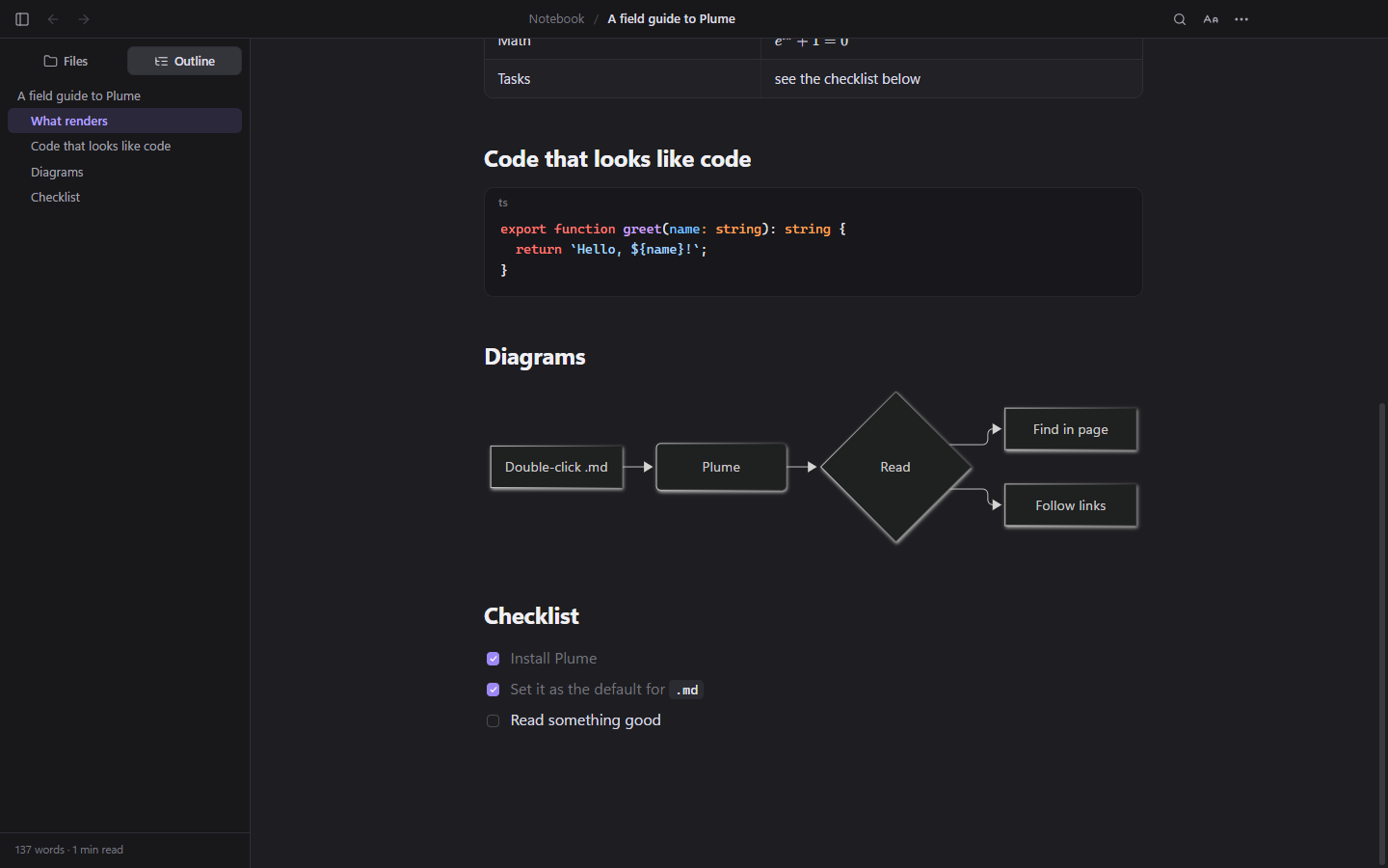 Highlighted code, a Mermaid diagram and the outline sidebar