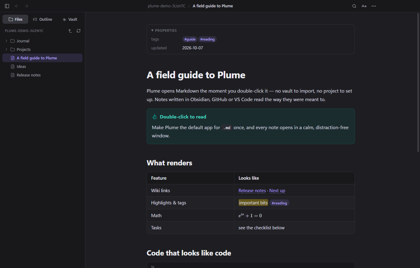 The same document in Plume's dark theme