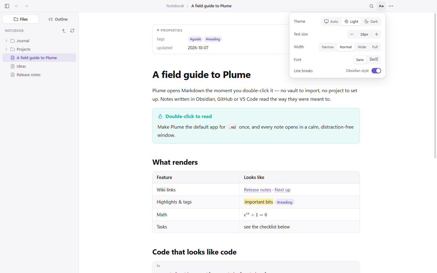 The reading settings panel: theme, text size, width, font and line breaks