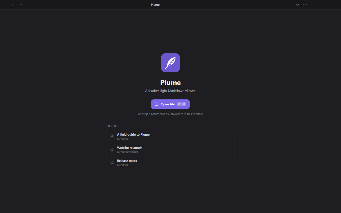 Plume's welcome screen listing recent files
